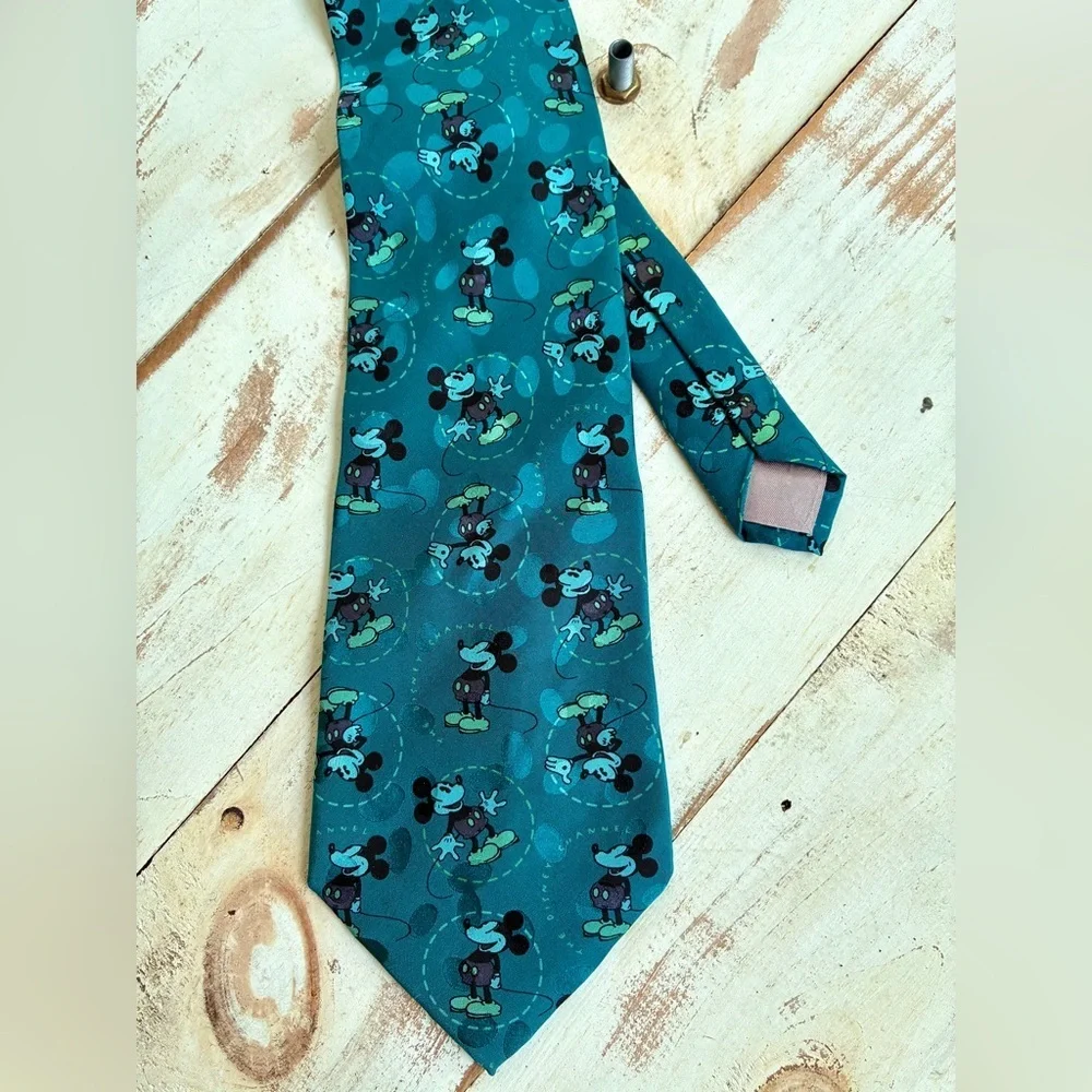 DISNEY CHANNEL Vintage silk neck tie Mickey Mouse cartoon aqua teal RARE 90s EUC - Picture 6 of 9